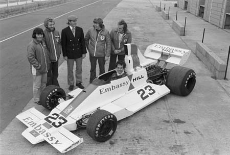 Team Embassy Hill at Silverstone for the launch of the Hill GH2 back in 1975