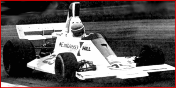 Tony Brise testings the new Hill GH2 at Silverstone in the summer of 1975