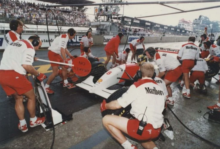 Senna coming in for a stop, 1993 Brazilian Grand Prix.