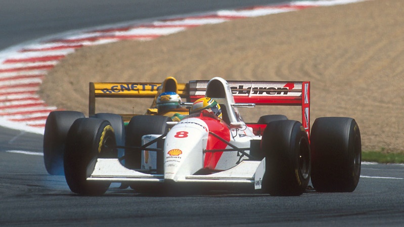 Ayrton Senna being hounded by Michael Schumacher, Magny Cours 1993.