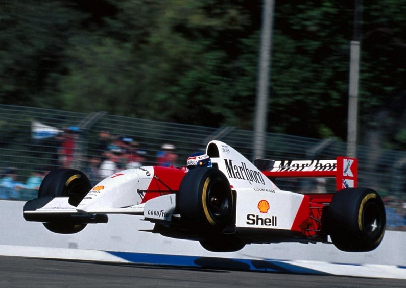 Flying Finn Mika Häkkinen earning his nickname with a jump during practice, Adelaide 1993.