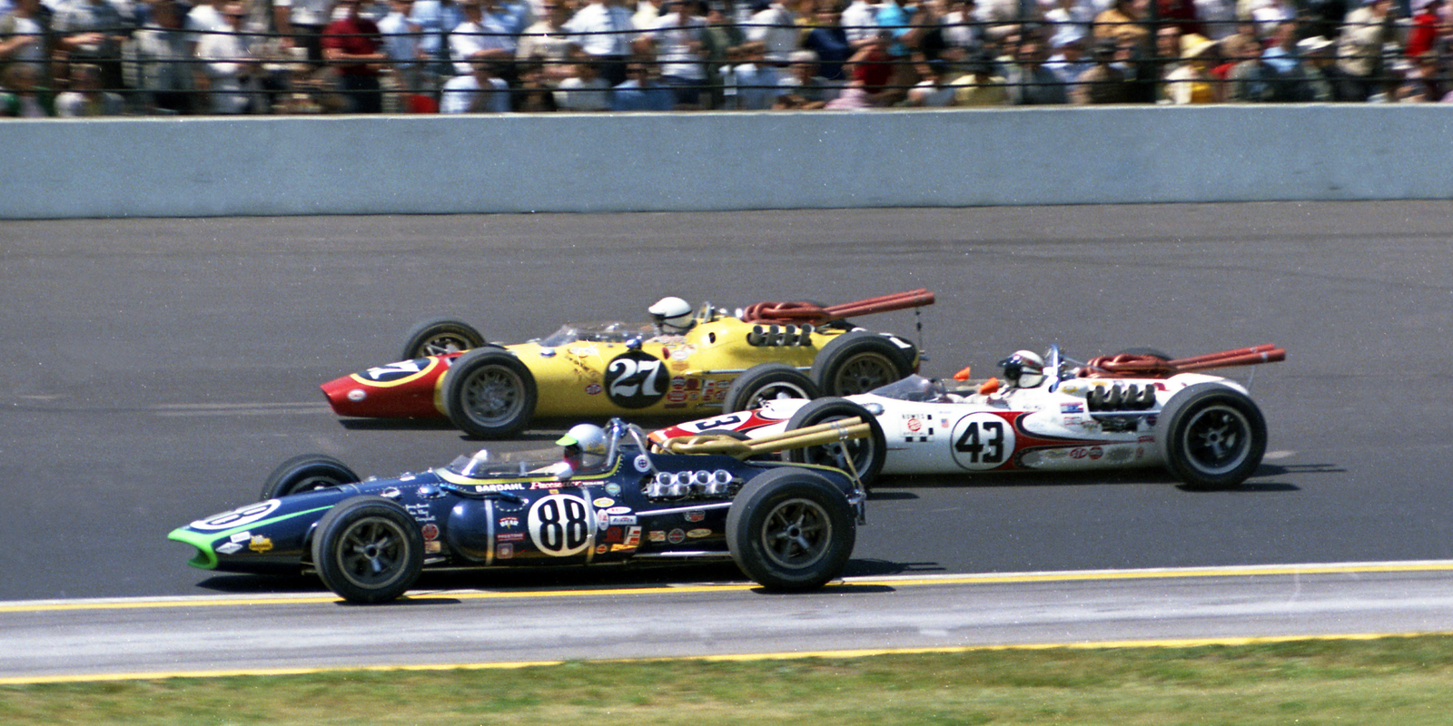 Jackie Stewart (43) lining up between Jerry Grant (88) and Billy Foster (27) for the start of the 1966 Indy 500.