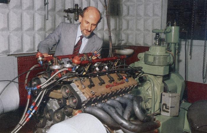 Chief engineer Gianni Tonti testing the V1035 engine.