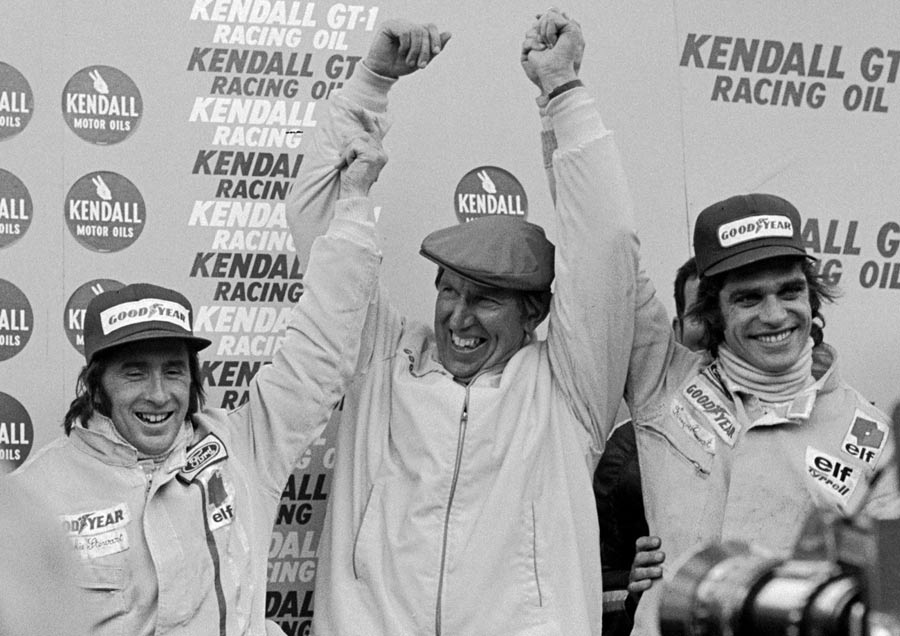 From left to right: Jackie Stewart, Ken Tyrrell and François Cevert celebrating a 1-2 finish, Watkins Glen 1972.