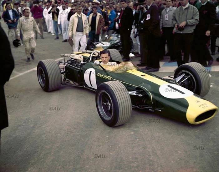 Jim Clark making his way to the grid, Watkins Glen 1966.