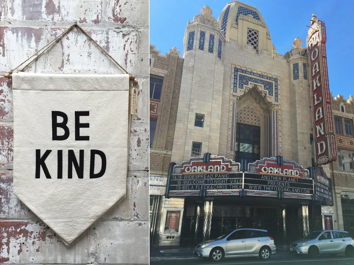 A banner in Temescal Alley (left) and the Fox Theatre in Oakland (right)