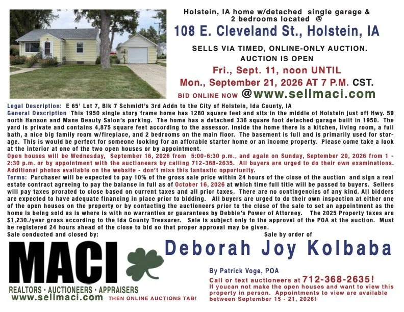 9/11 - 9/21 - 108 E. Cleveland St. Holstein, IA (Auction)