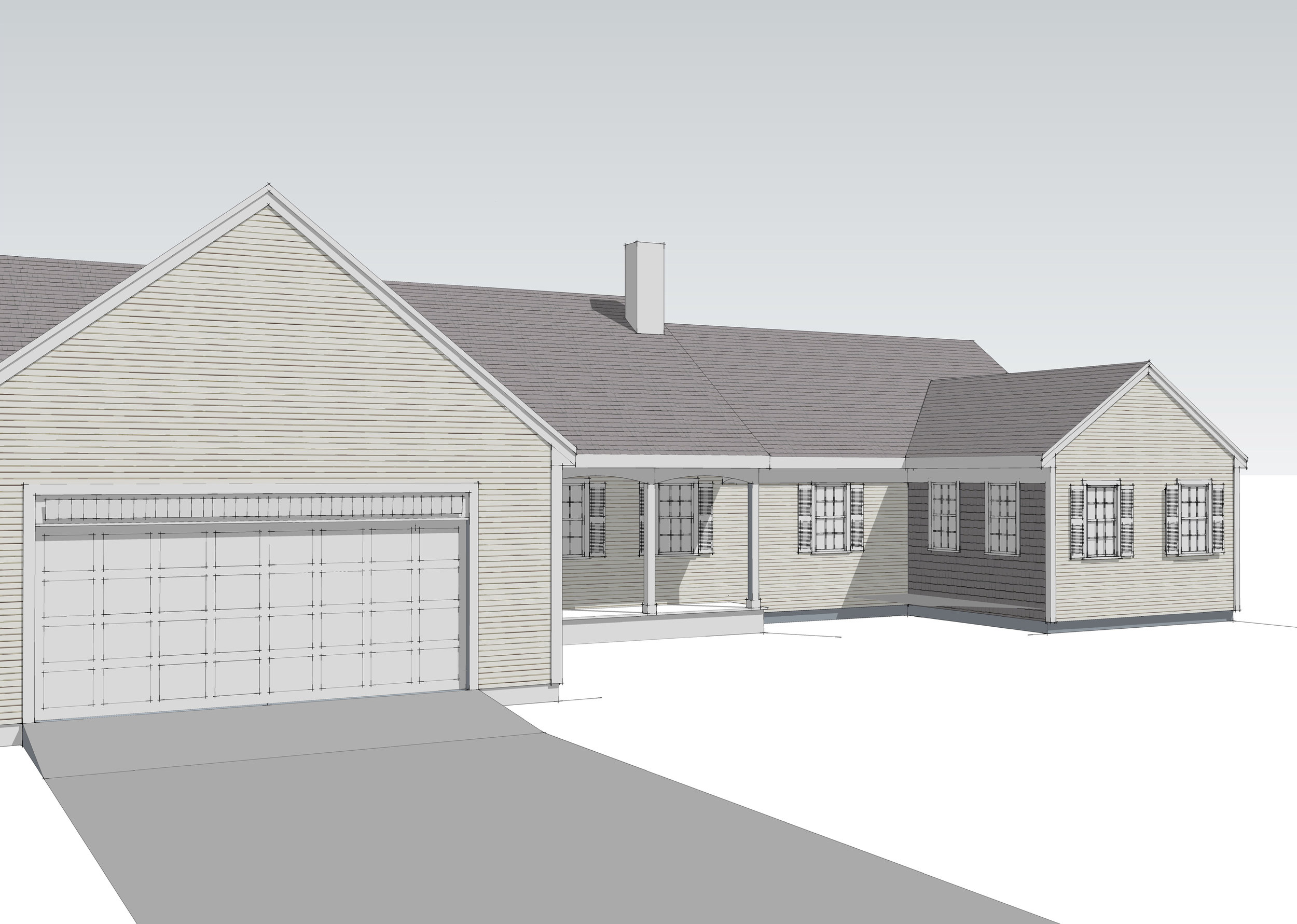 These 3D renderings helped a recent client with designing an addition (t he gable on the right.) The existing house had some areas with white cedar shingles and others with clapboards. The client wanted to see the heights and size of addition, how far it was coming to the front, the space between garage and addition, and the size and amount of windows in the addition. I made sure that all the soffits align to the existing ones and that the added gable pitch matches the existing pitches. The renderings helped me demonstrate these points.