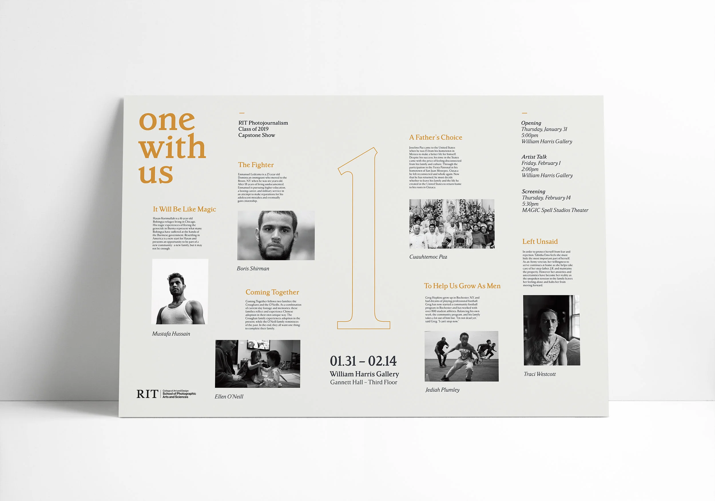 Top: Three tabloid poster variations that were distributed on RIT’s campus and shared on social media. Bottom: Large poster for story overviews to pique interest before the show’s opening.