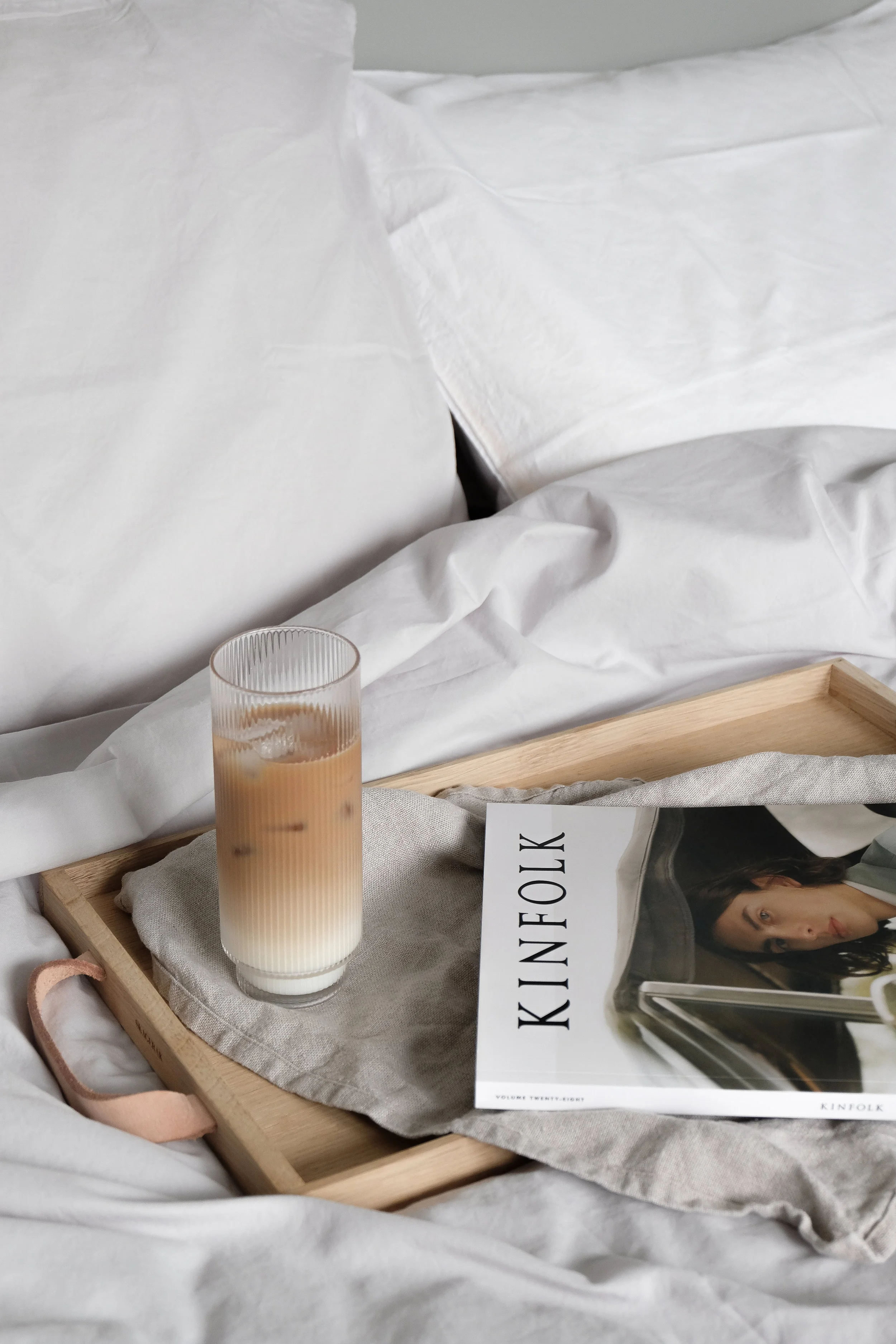 A perfect Sunday morning in bed with an iced coffee and the new Kinfolk