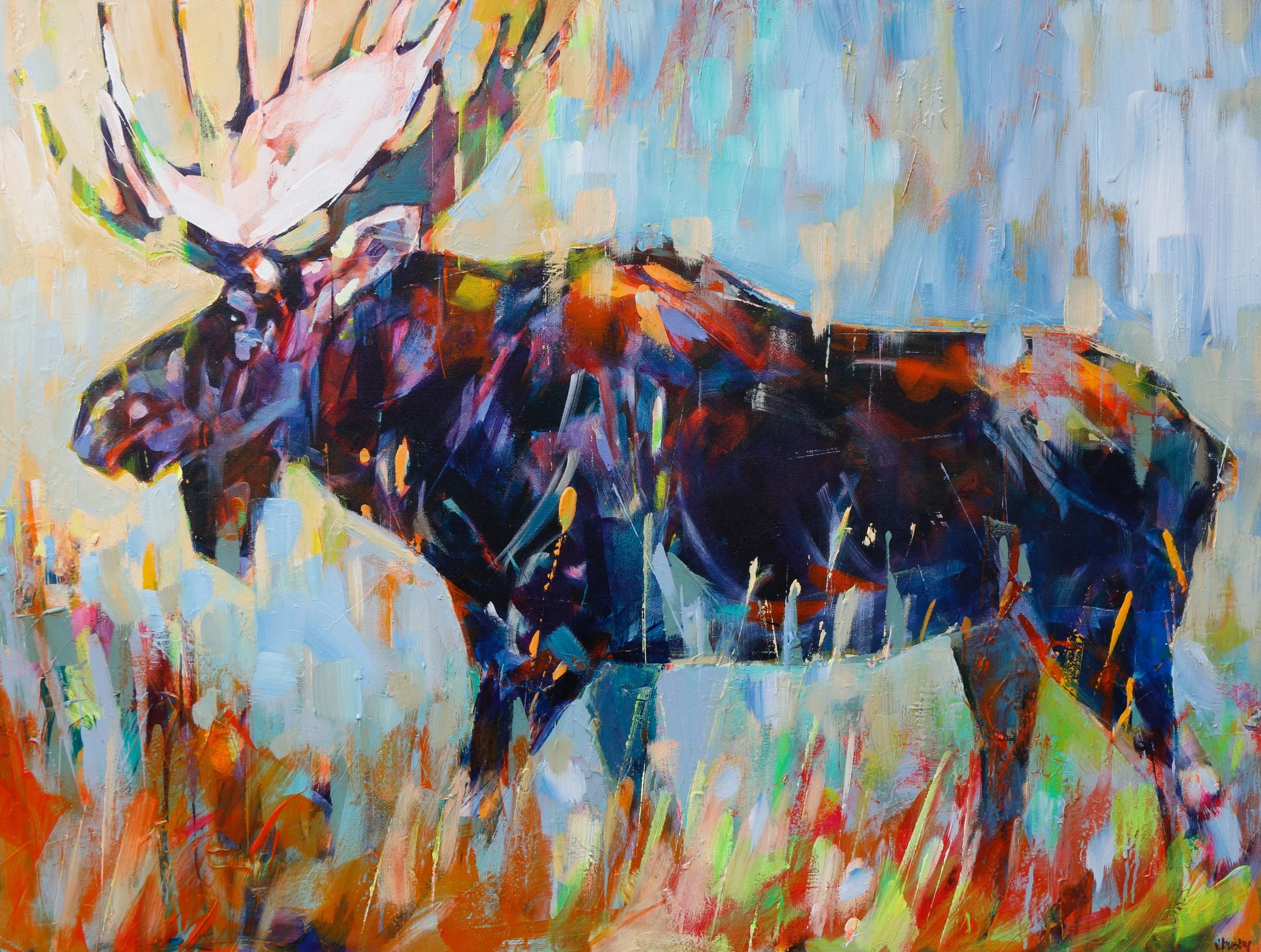 0741_9_26 | Bull Moose in Wetland |  🟢 AVAILABLE at studio
36 x 48 inches | acrylic on gallery canvas
