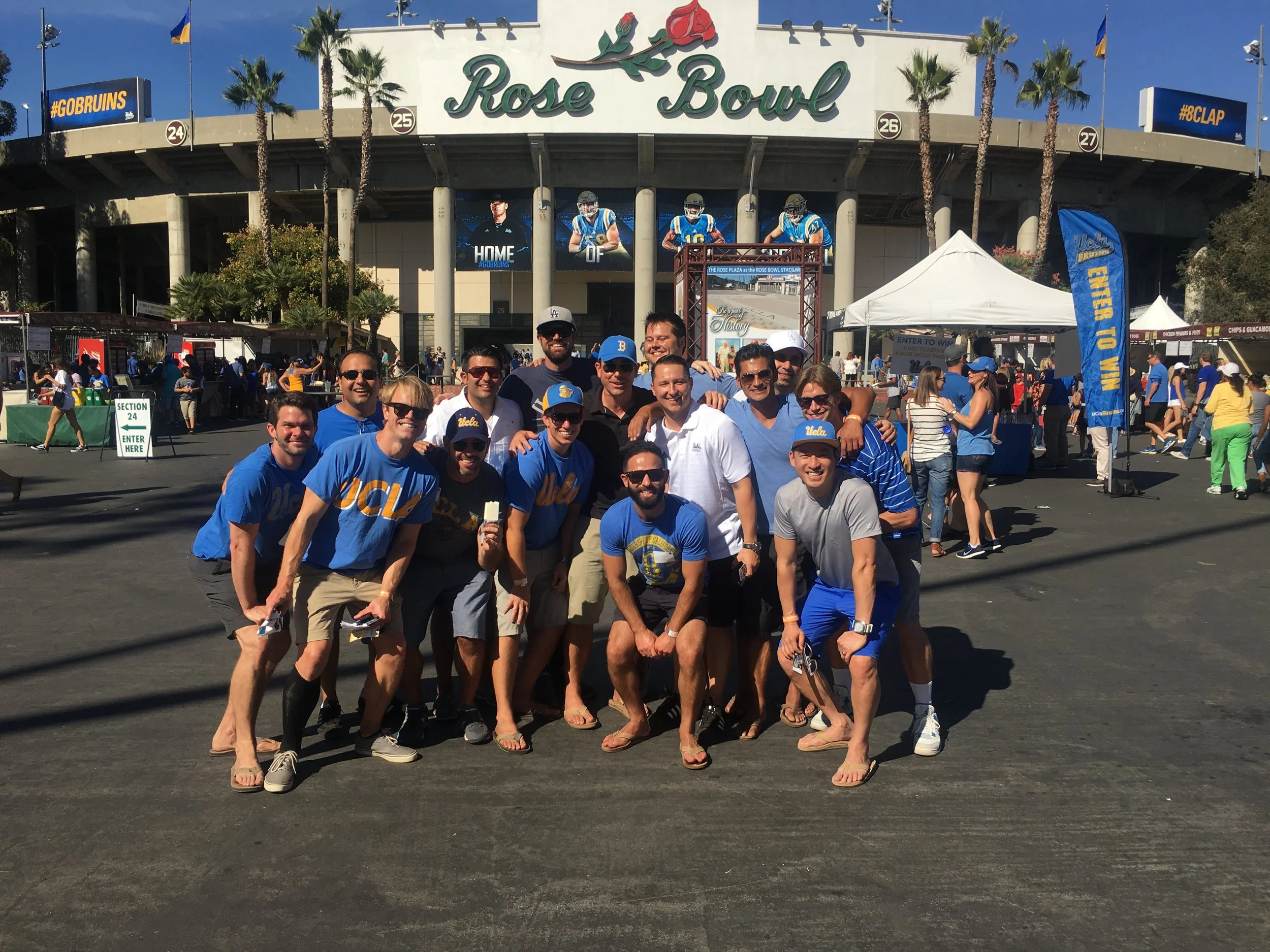  About to head into the Rose Bowl at 2016's Alumni Tailgate... Justin Capuano '02, Arya Mazdyasni '04, Kent Schofield '02, Michael Sullivan '04, Taib Rawi '02, Larry Cole '02, Ryan Meineke '02, Brent Kutz '02, David Rawi '05, Ryan Williams '02, Jeff 