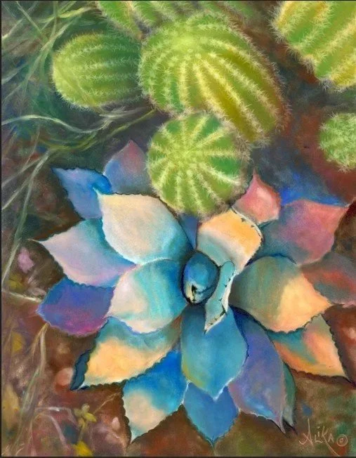 Colorful watercolor painting of various cacti and succulent plants, including a large rosette-shaped succulent in the foreground and several small, round cacti with spines in the background.