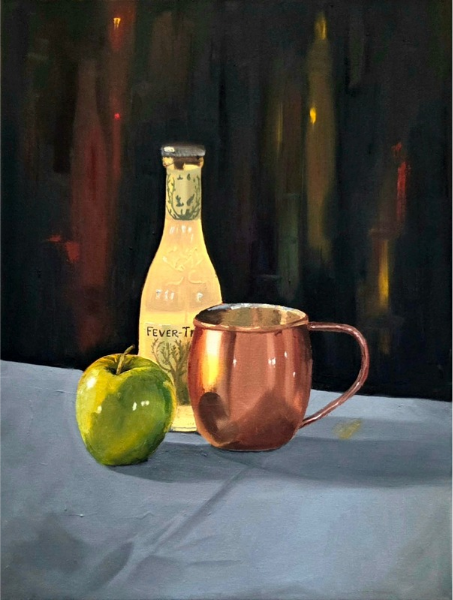 An Apple-a-Day, an oil painting of a green apple, ginger beer botle, a copper mug by Regina Luciano