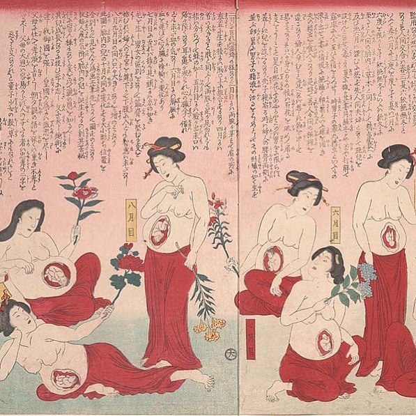 19th century Japanese Woodblock print of pregnant women holding flowers 🌺 🌸🌺 #birth #doula #sophosdoulas #pregnancy #matriarchy #flowerpower