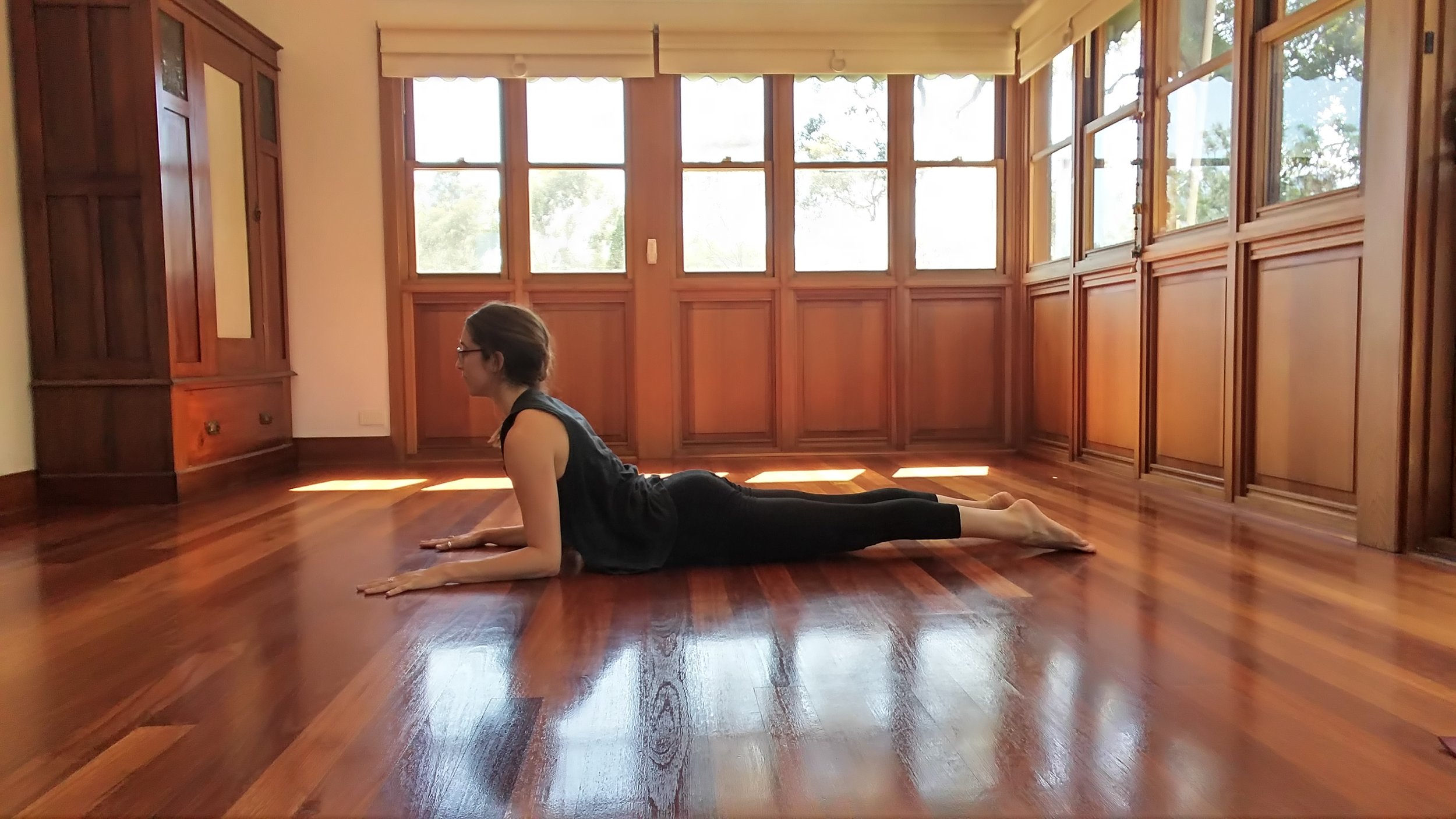  Set your forearms on the floor parallel to one another Bring the arms into an L-shape. Lift your upper torso and head away from the floor into a mild backbend. Energetically pull the chest forward. 