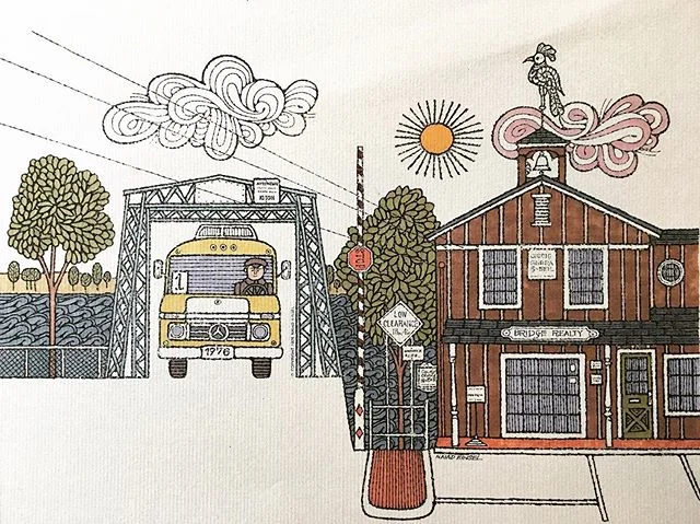 Naiad Einsel. Back to school over the Bridge Street Bridge, Westport, CT, 1976. .
.
.
.
#backtoschool #westportct #naiadeinsel #waltereinsel #70sillustration #schoolbus #drawing