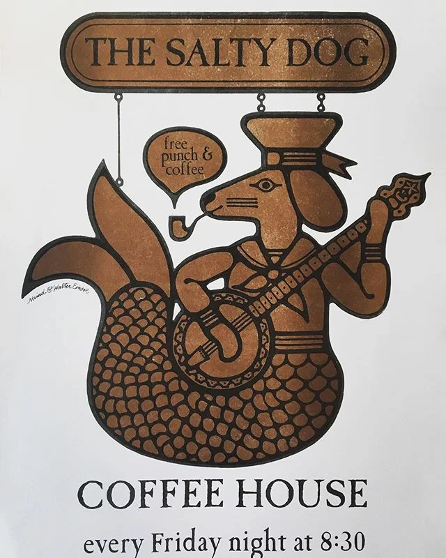 Happy Friday! 
Naiad and Walter Einsel, poster for The Salty Dog coffeehouse, held every Friday night at the local YMCA, Westport, CT (1970s). .
.
#freepunch #freecoffee #60s #70s #illustration #vintageillustration #music #poster #posterdesign #desig