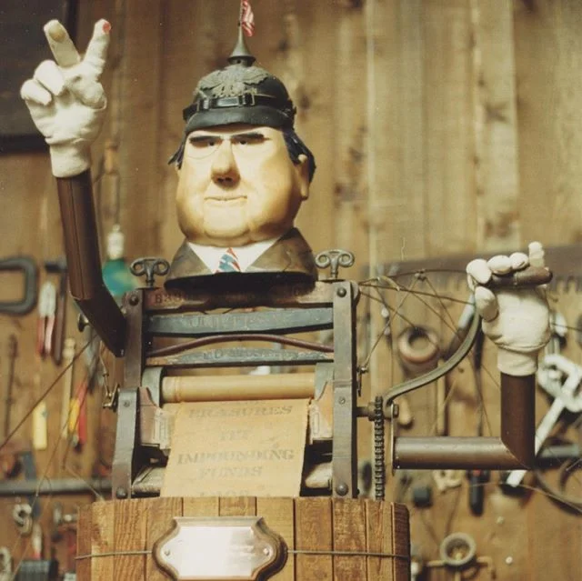 Walter Einsel, Nixon (1971-1973). Kinetic sculpture made in response to Watergate, and to the bombing of Cambodia. As he turns the crank on the washtub, trying to wash away his crimes, Nixon sings &ldquo;Bomb, bomb, bomb,&rdquo; to the tune of Hail t