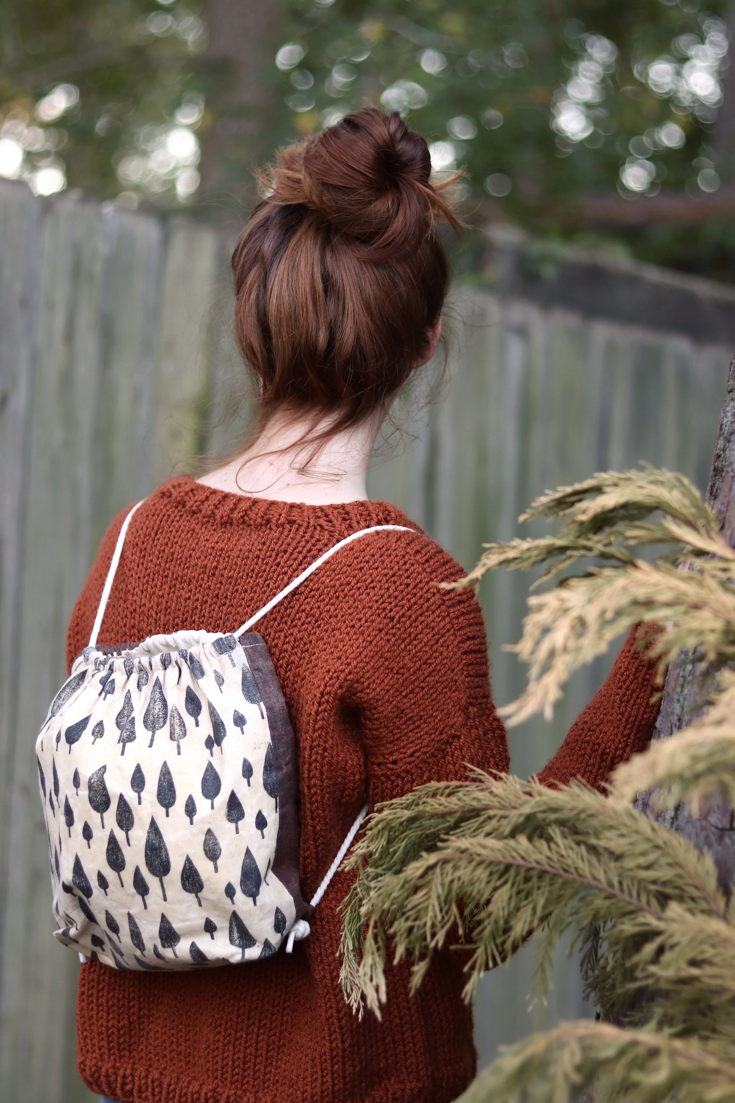Drawstring Backpack / Tree Forest / Handprinted + Waxed