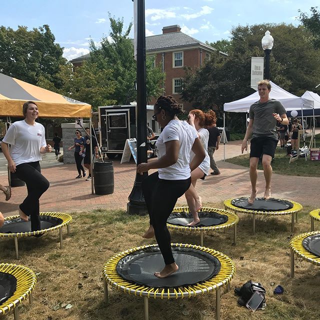 All smiles on the bellicon for #wfuhitthebricks @wfuniversity for #brianpiccolo cancer research run - stop by and try a bounce #bellicon #belliconusa #rebounding #wfucampusrec