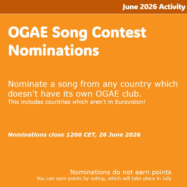 Image showing details of the OGAE Song Contest nominations activity for this month. The information is repeated in text in the next paragraph.