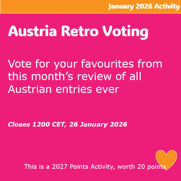 Austria Retro Voting. Vote for your favourites from this month’s review of all Austrian entries ever. Activity will close 1200CET 26 January 2026. This is a 2027 Points Activity, worth 20 points.