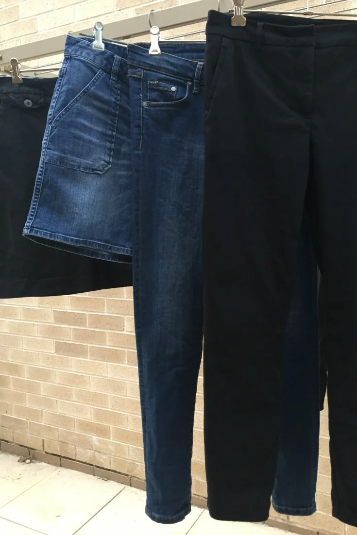 4 bottoms - black skirt, denham shorts, skinny jeans, black pants