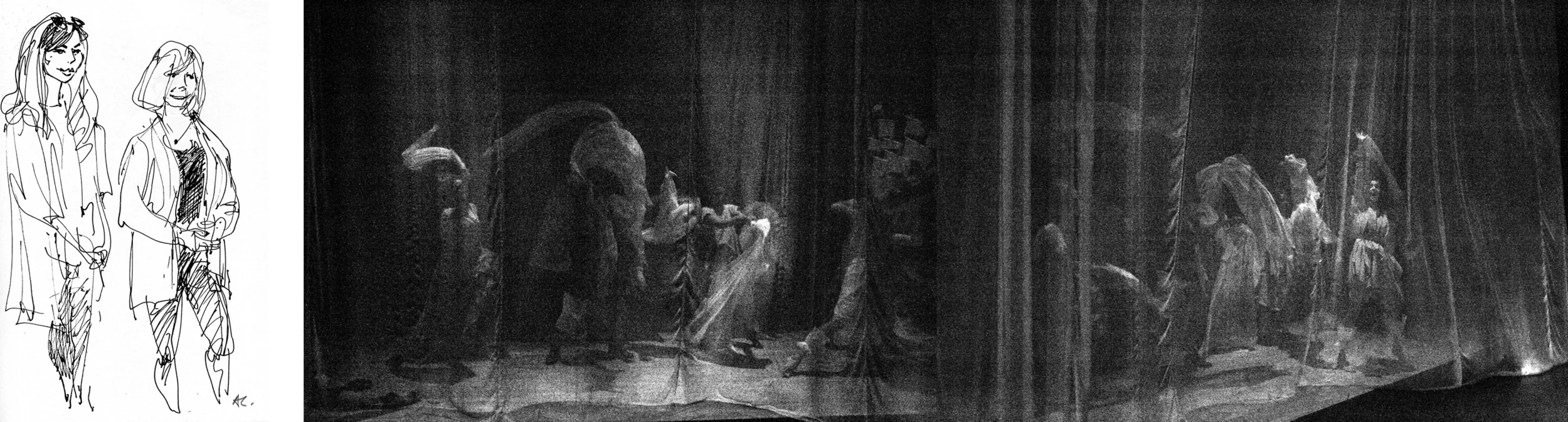 Sketch of Laura Albeck and Margrethe Albeck by Annette Carlsen and scene from Brave New World rehearsal photographed by Pearlie Frisch.