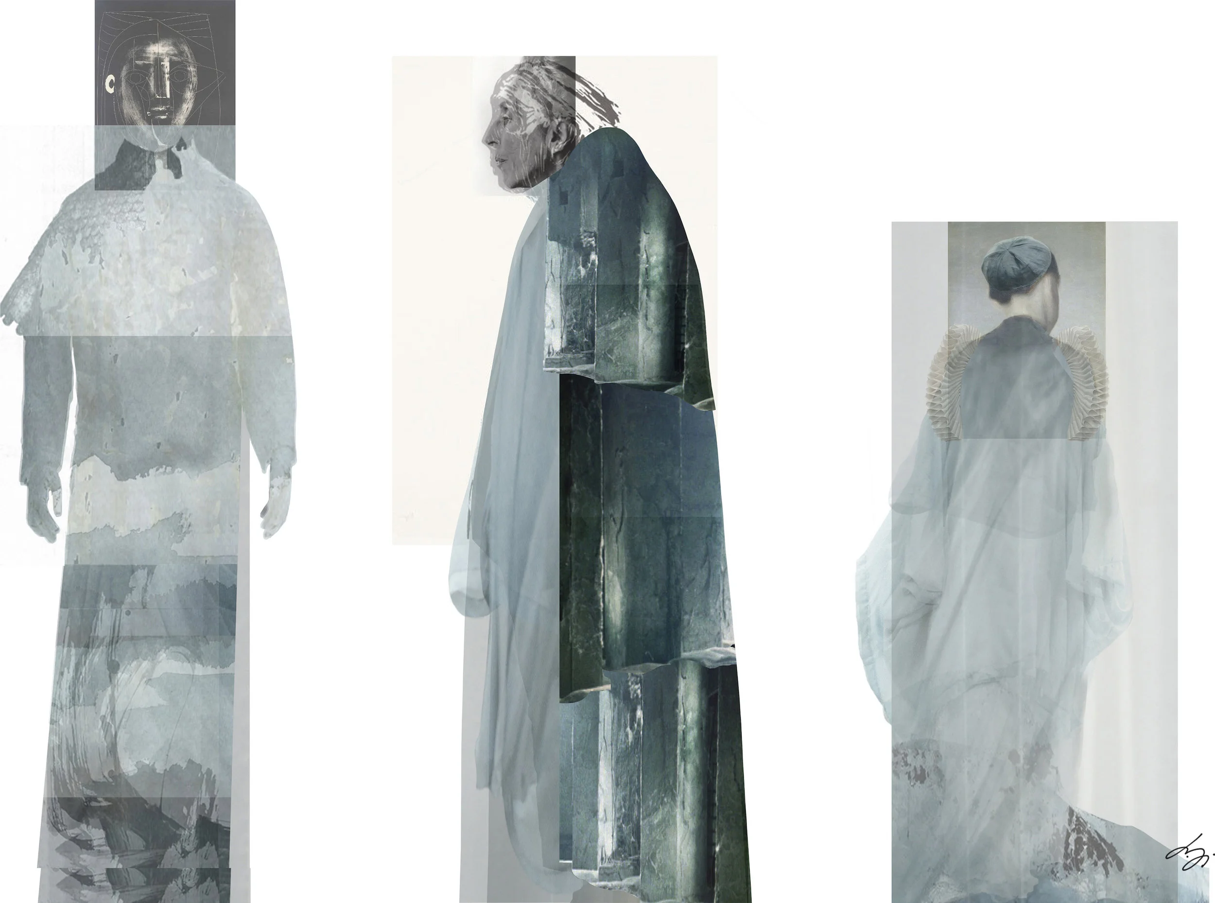 Costume collages (left to right) of Cerimon, Cloten, Iachimo, Imogen, Pericles, Prospero and Mamilius