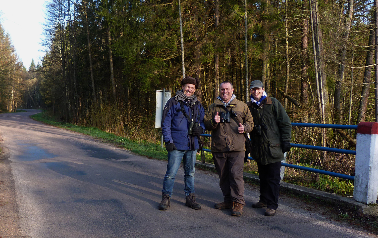 BUBO lads thrilled with the White-backed Woodpecker, the first tick of the trip!