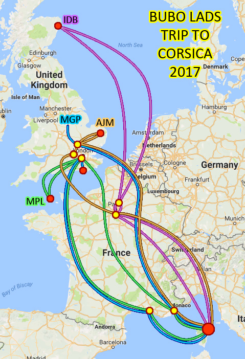 Just the 18 flights, passing through 10 different airports, required for all four of us to get to Corsica!