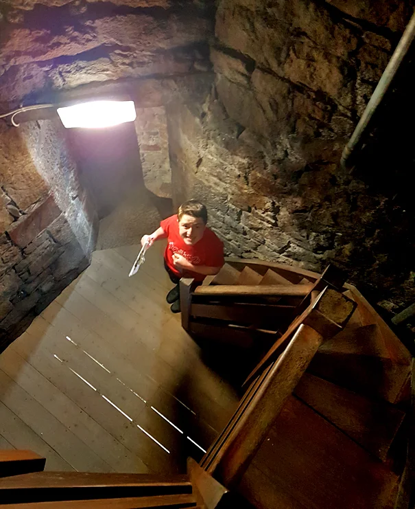 Descending the tower steps
