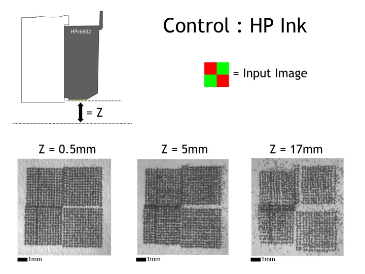 Before printing with new materials or printing in 3D, characterization of 2D printing with HP ink was conducted as a control. We conducted some basic ballistic experiments to see how ink droplets performed when being fired from different distances from the print surface.