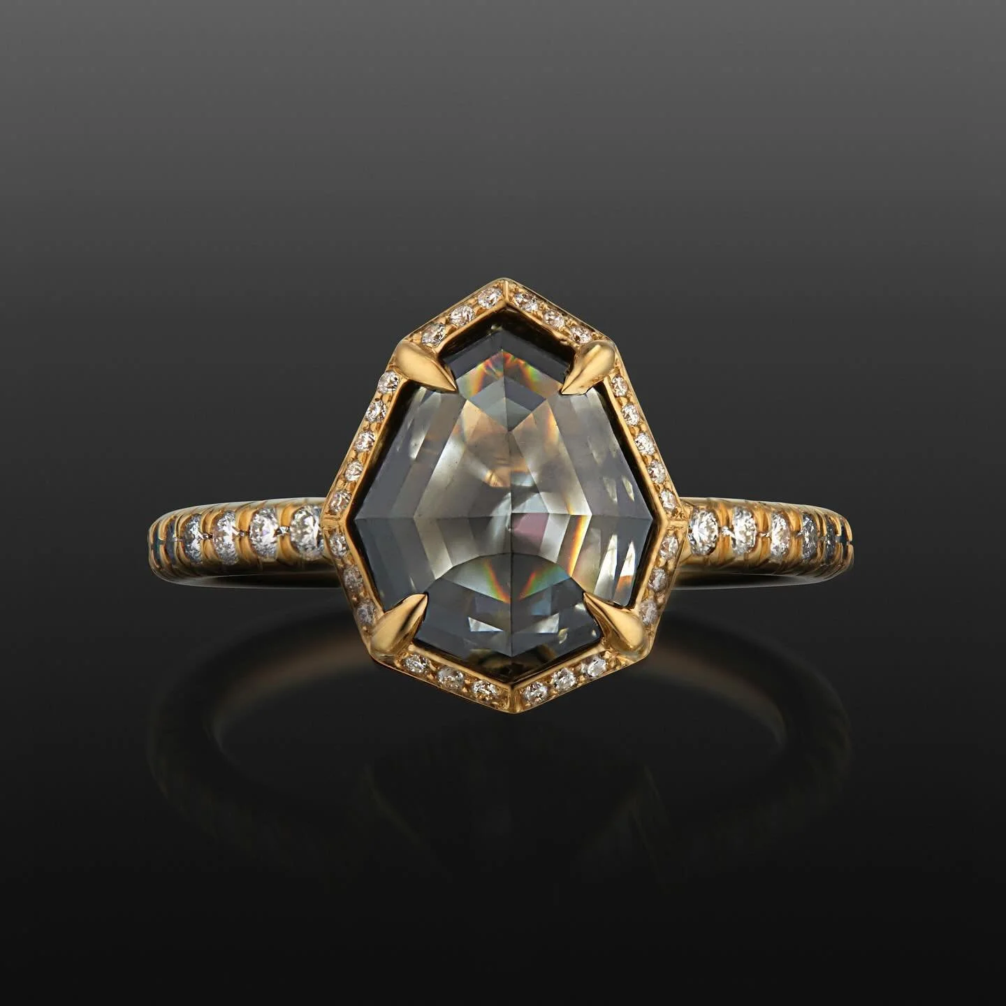 New bespoke engagement ring 🚨 @lorrainewestjewelry 💍 x @misfitdiamonds 💎 2.96 ct shield rosecut w/ blk, grey, white ombré natural diamonds set in 18k yellow gold for a very special couple we adore. 
The couple wishes to stay anonymous unti