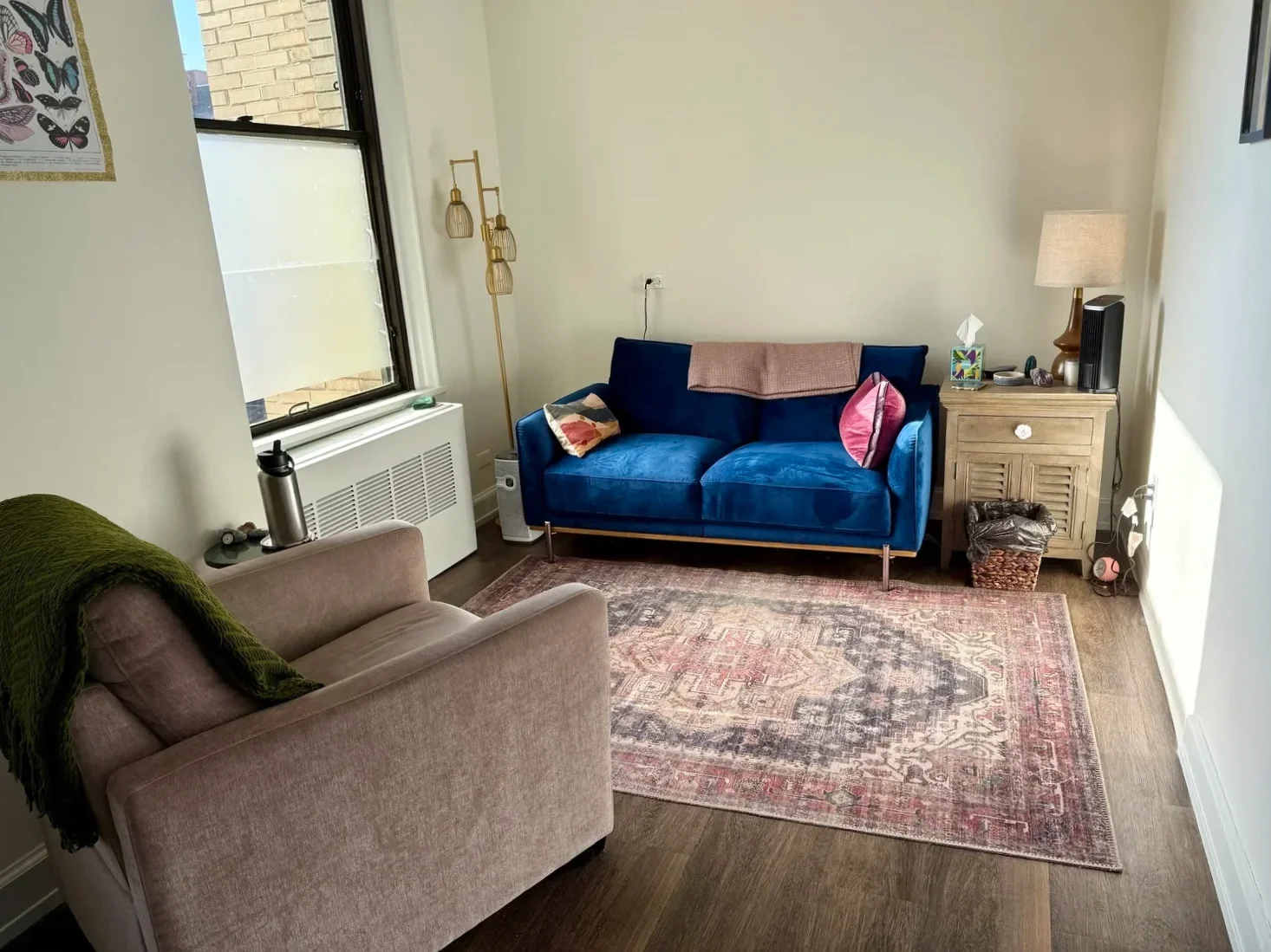 A photo of Sarah's office, featuring a blue velvet couch and a pink chair with a multicolored rug