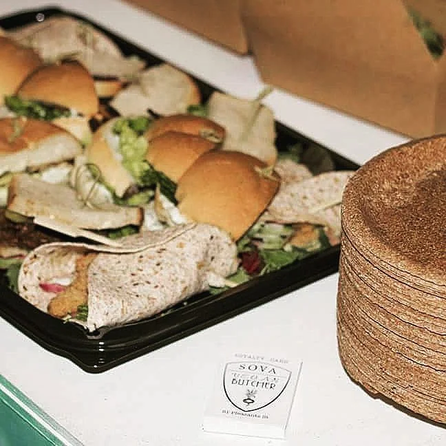 Scrumptious vegan meat sandwiches from Sova Vegan Butcher at a Yoga Sound System event 