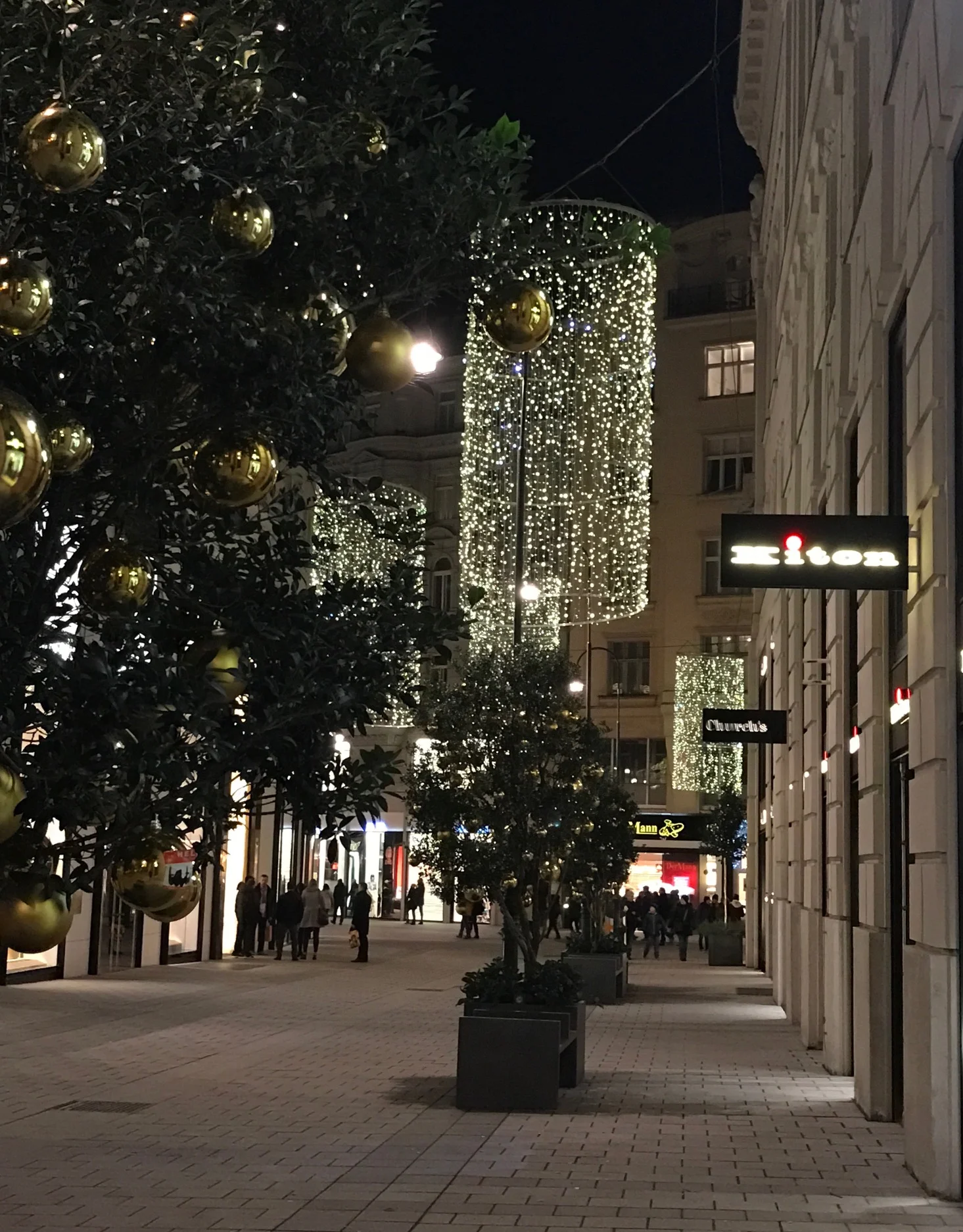 The lovely new "Golden Triangle", home to many luxury stores and boutiques...! Christmas ornaments are hanging in the trees, below the lights...!