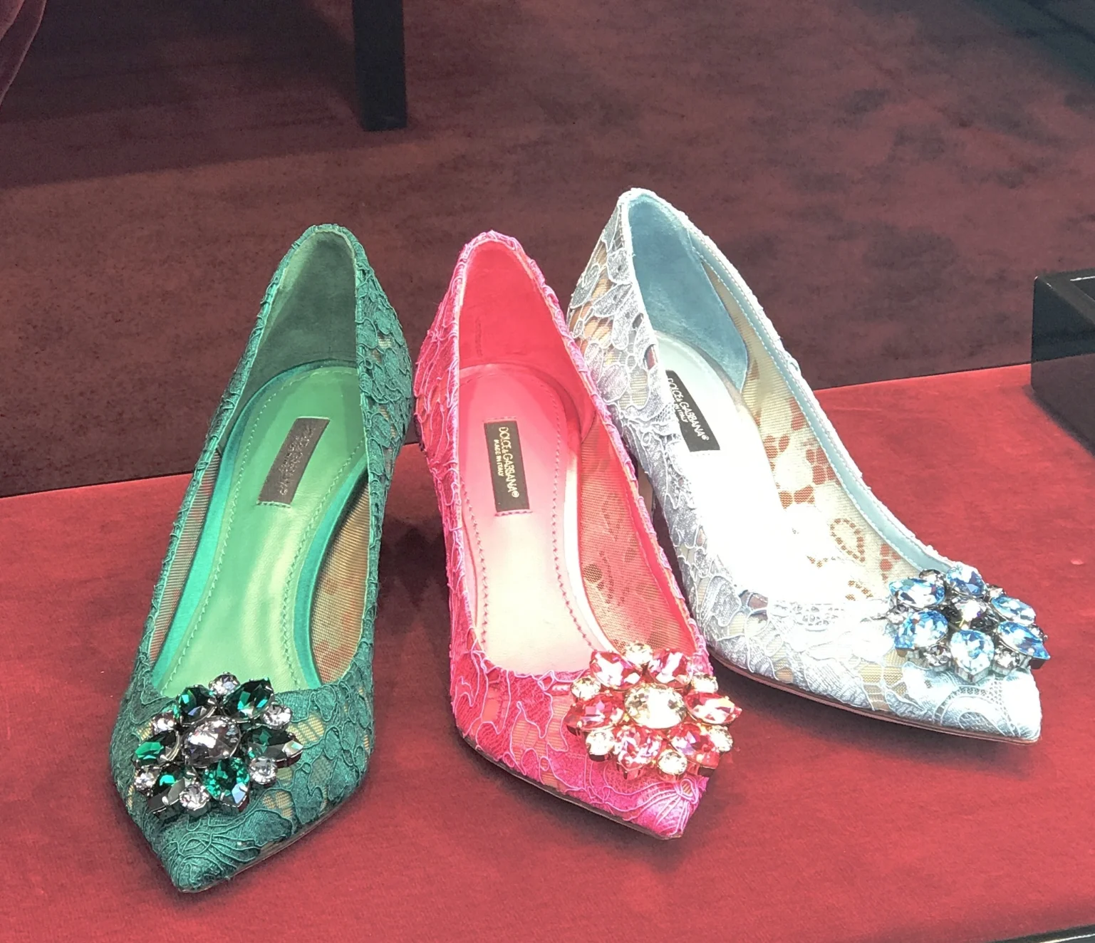 Dolce and Gabbana embellished a lace pump in striking colors. Just add skinny white jeans and you are ready for a summer evening in Positano!