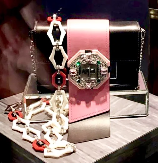 The highly embellished "Prada Jewels Ribbon"&nbsp;bag, opulent and ornate... Add the lucite link necklace for added embellishment!&nbsp;