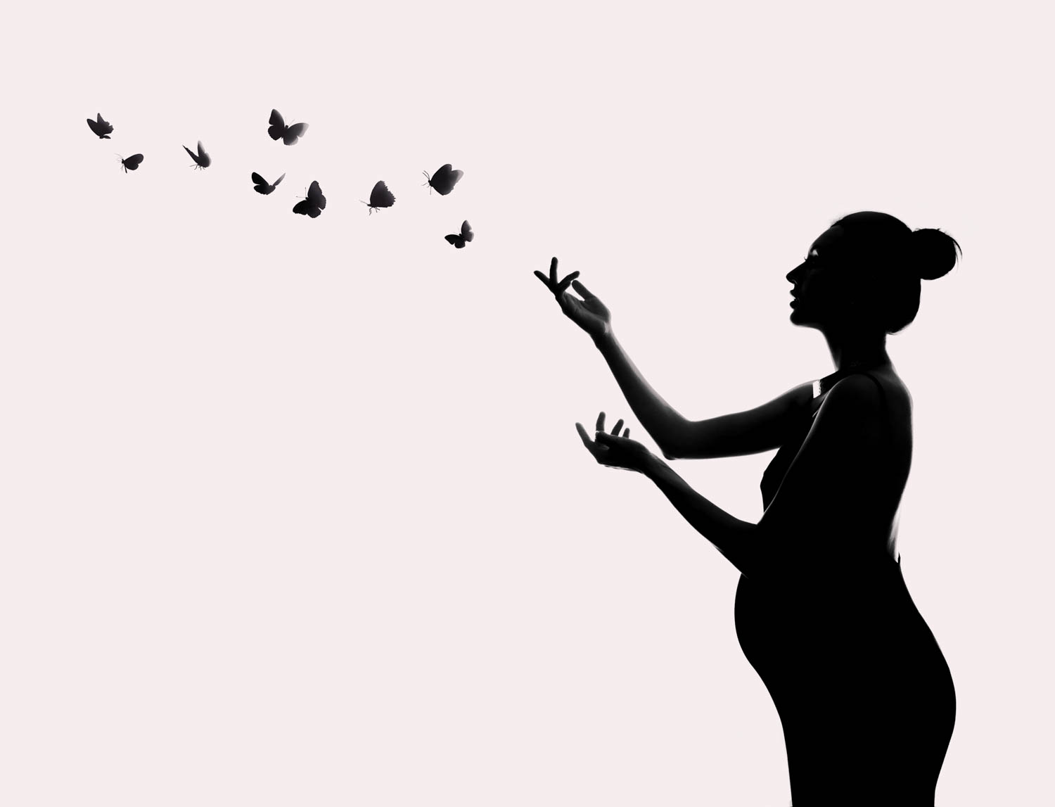 NYC maternity portrait with butterflies on pink background, silhouette