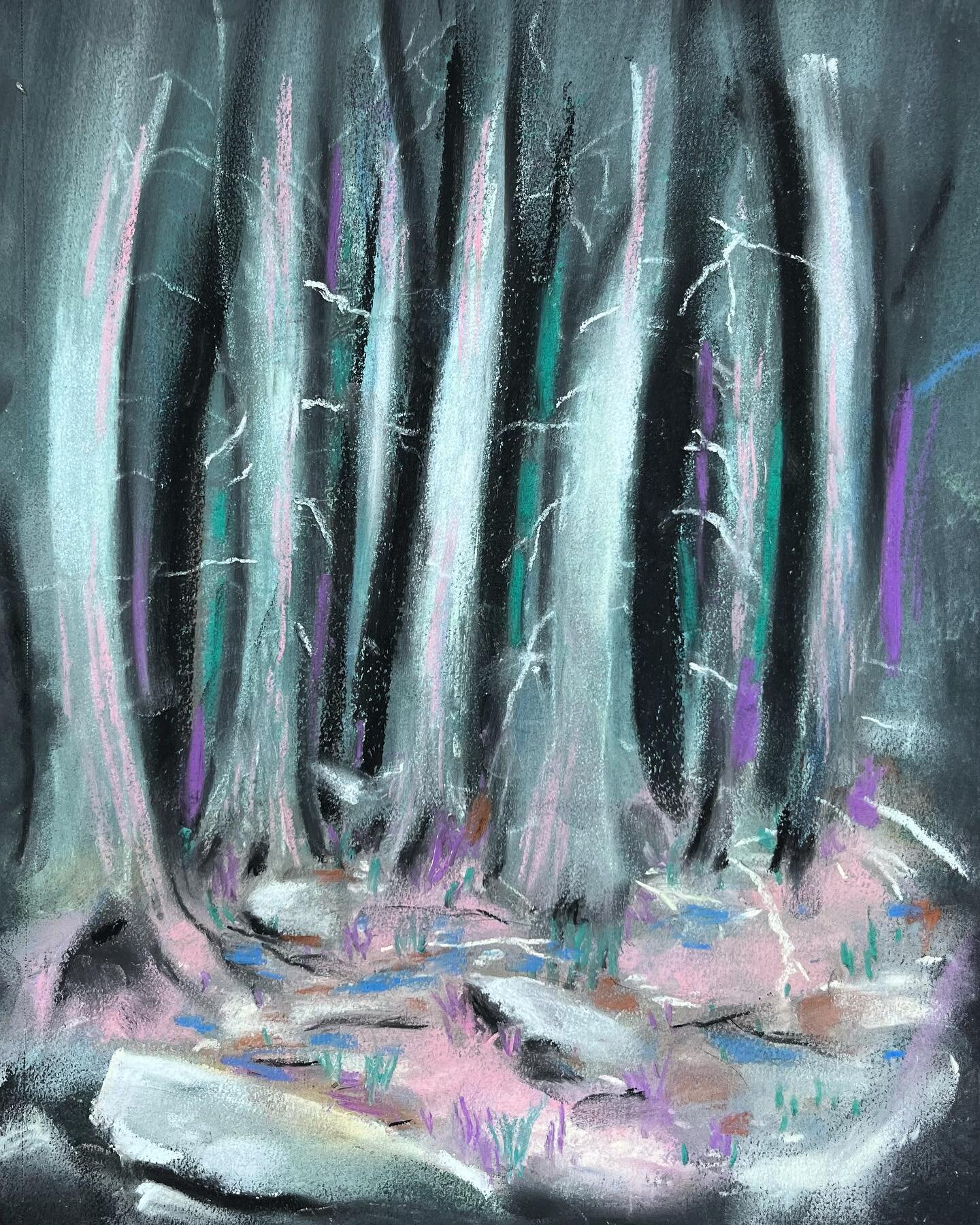 Behind the shed, at Giorgio and Aram&rsquo;s. 
#drawing #pastel #pleinair #light ##shadows #limbs #pastelgoth #pastelart #pasteldrawing #sketchbook #blackpaper #blackpaperart #stones #trees #pink