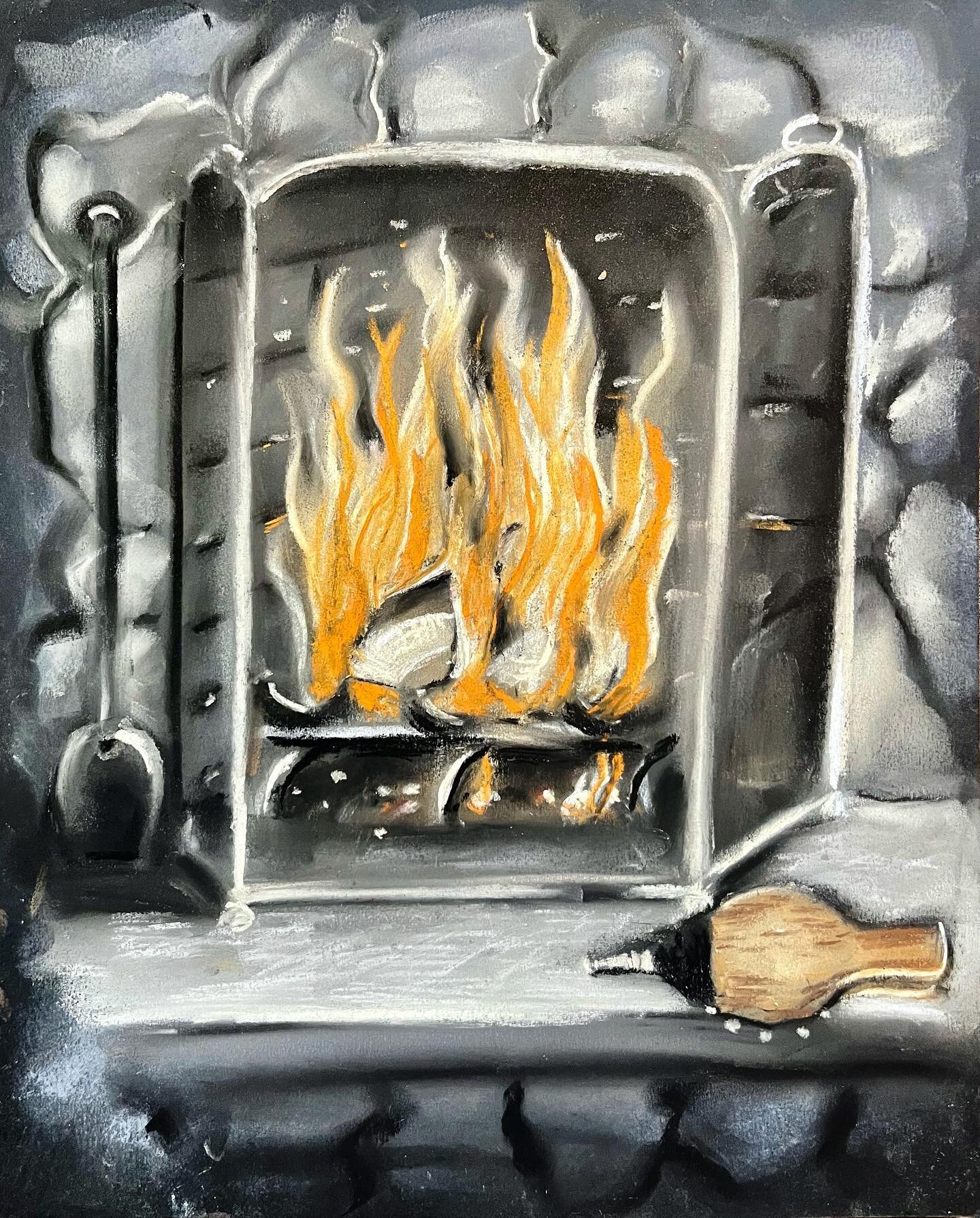 Alexis and Neil&rsquo;s fireplace 
#drawing #fire #pastel #pastelgoth #pasteldrawing #sketchbook #kindeling #flames #firestarter #stone #grate #drawingfire #poker #firepoker