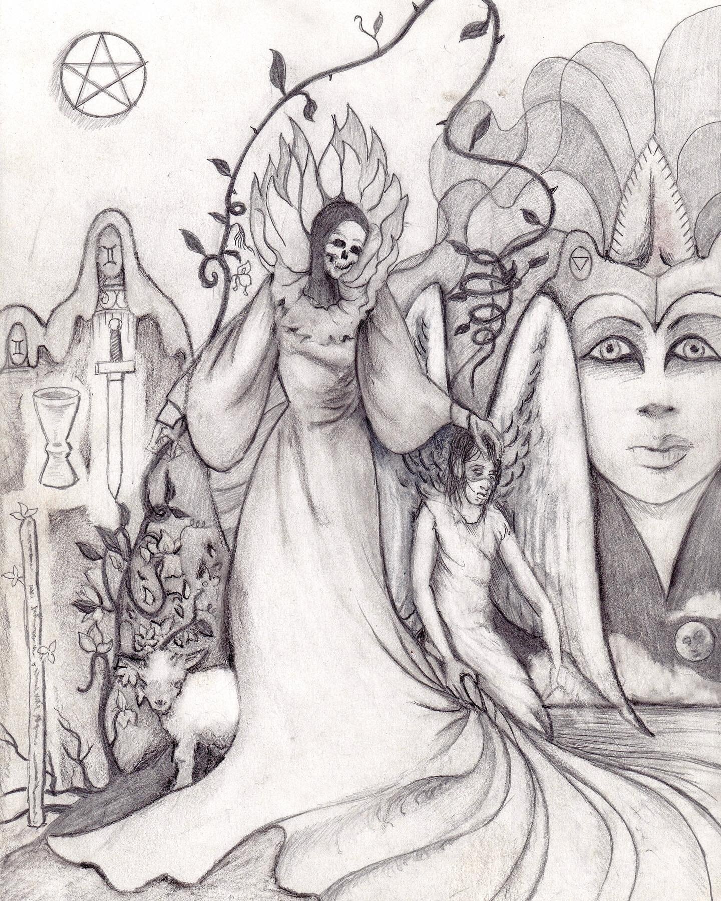 Queen of the Night. I haven&rsquo;t been drawing much lately (working more with sound), but I found this old tarot inspired drawing from 2015 the other day, finally got a decent scan of it. 
#drawing #graphite #pencil #tarot #pentacles #wands #swords