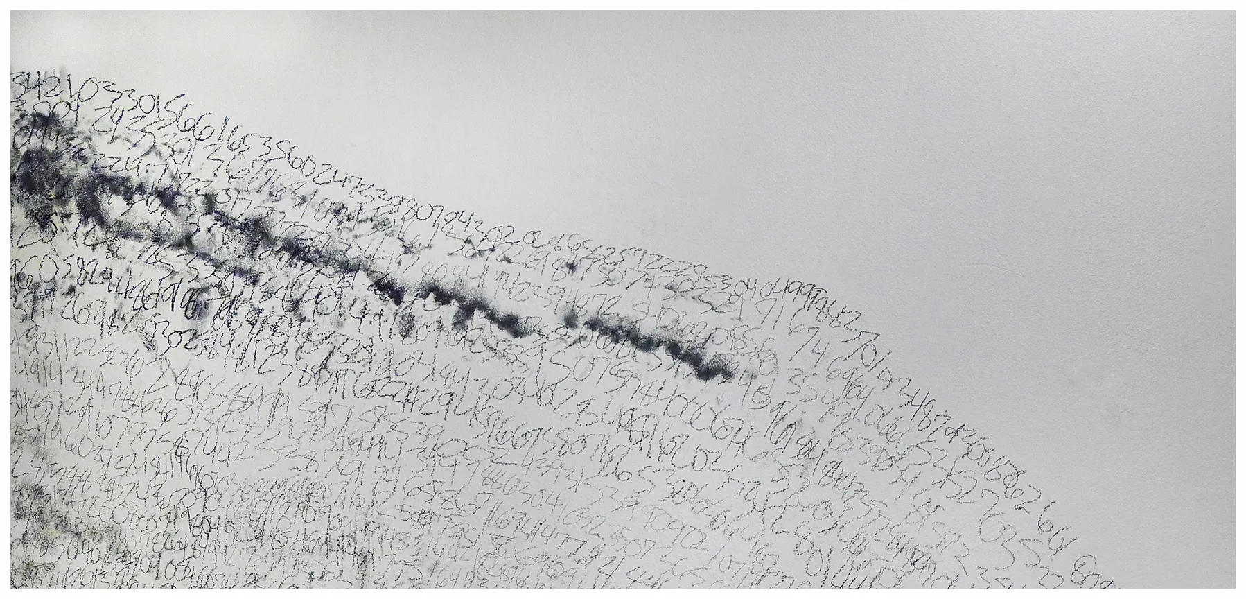  Using charcoal, the digits of pi were written as a spiral beginning in a corner of the room for 15 consecutive hours.  measuring from the beginning corner:&nbsp;72 inches high, 79 inches out  2013 