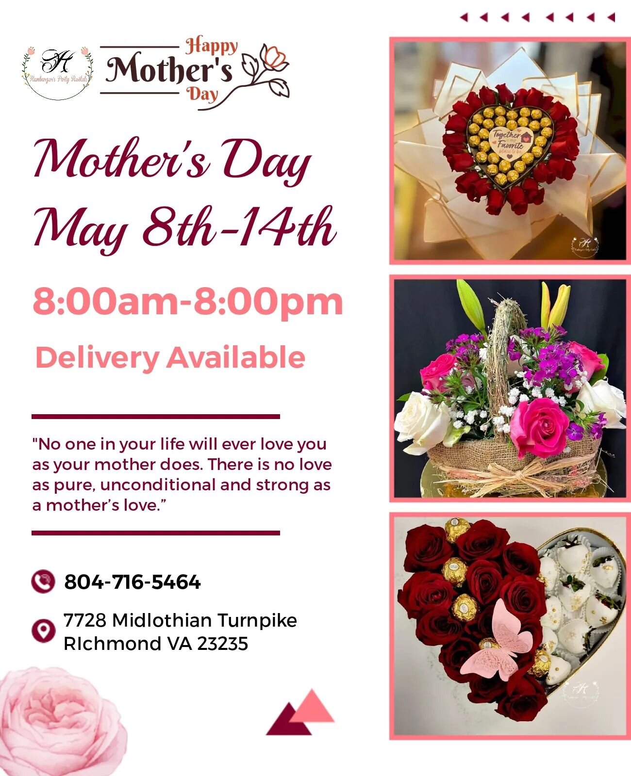 &quot;No one in your life will ever love you as your mother does. There is no love as pure, unconditional and strong as a mother&rsquo;s love.&quot;
Fresh Floral Arrangements 🌹 
Mini Cakes 🎂 
Gifts 🎁 
Balloons 🎈 
M Dessert Boxes 😋 
And Much MORE