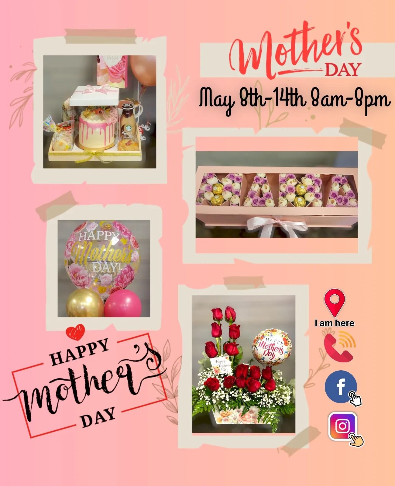 Mother's Day is FAST APPROACHING!
Surprise your WONDERFUL MOM with one of OUR Unique Gifts 🎁 
Pre-Order NOW!
📅 May 8th-14th 📅 
🕐 8am-8pm 🕐 
Fresh Floral Arrangements 🌹 
Plush 🧸 
Balloons 🎈 
Chocolate Covered Strawberries 🍓 
Mini Cakes 🎂 
Mi