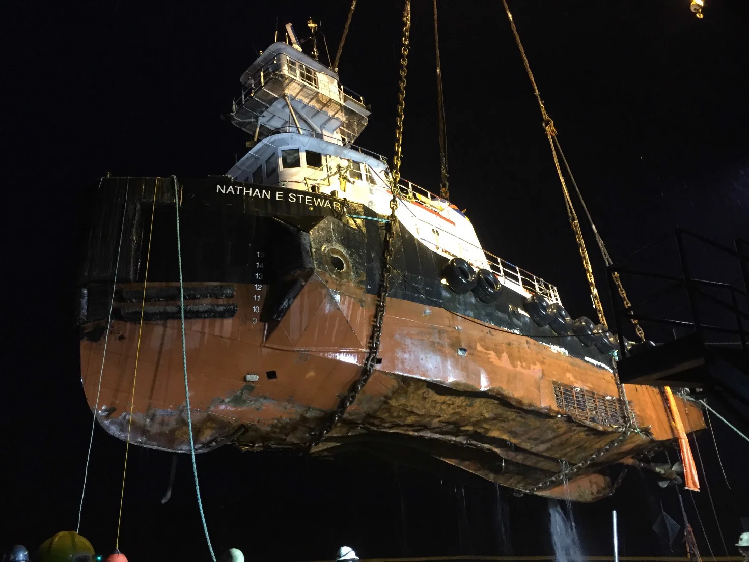 Nathan E Stewart, shortly after being hoisted by the heavy-lift floating crane D.B. General. (Photo by Kirby Offshore Marine)