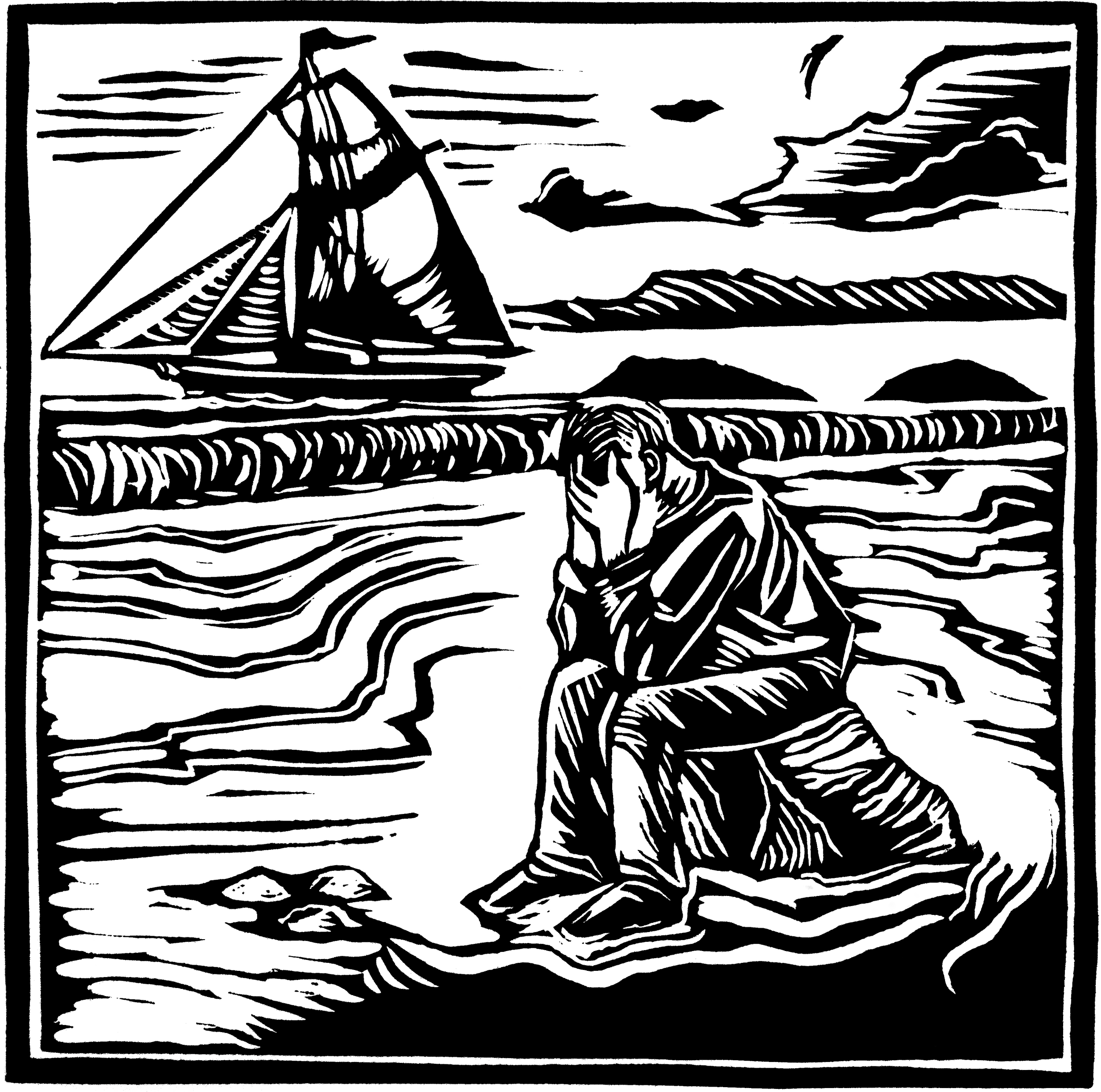 Judith Klavins, Seeking Solace, King Island, lutruwita/Tasmania, 2016, limited edition 1/10 handburnished linoprint, 30cm x 30cm, photo by Judith Klavins