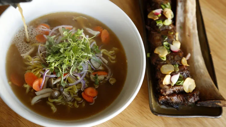Bone Kettle noodles and broth with beef ribs. (Genaro Molina / Los Angeles Times)